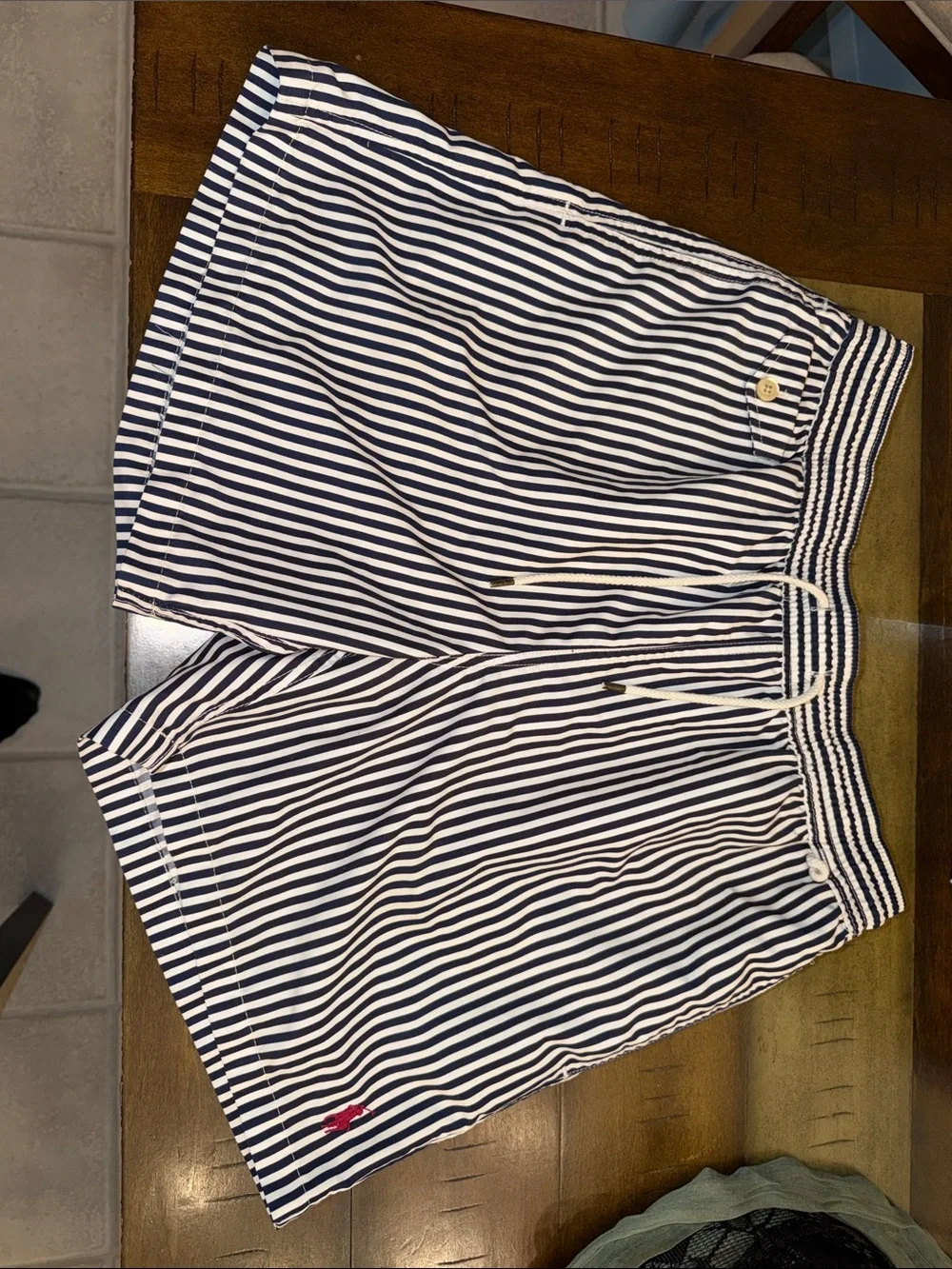Polo by Ralph Lauren Navy and White Striped Drawstring Swim Trunks